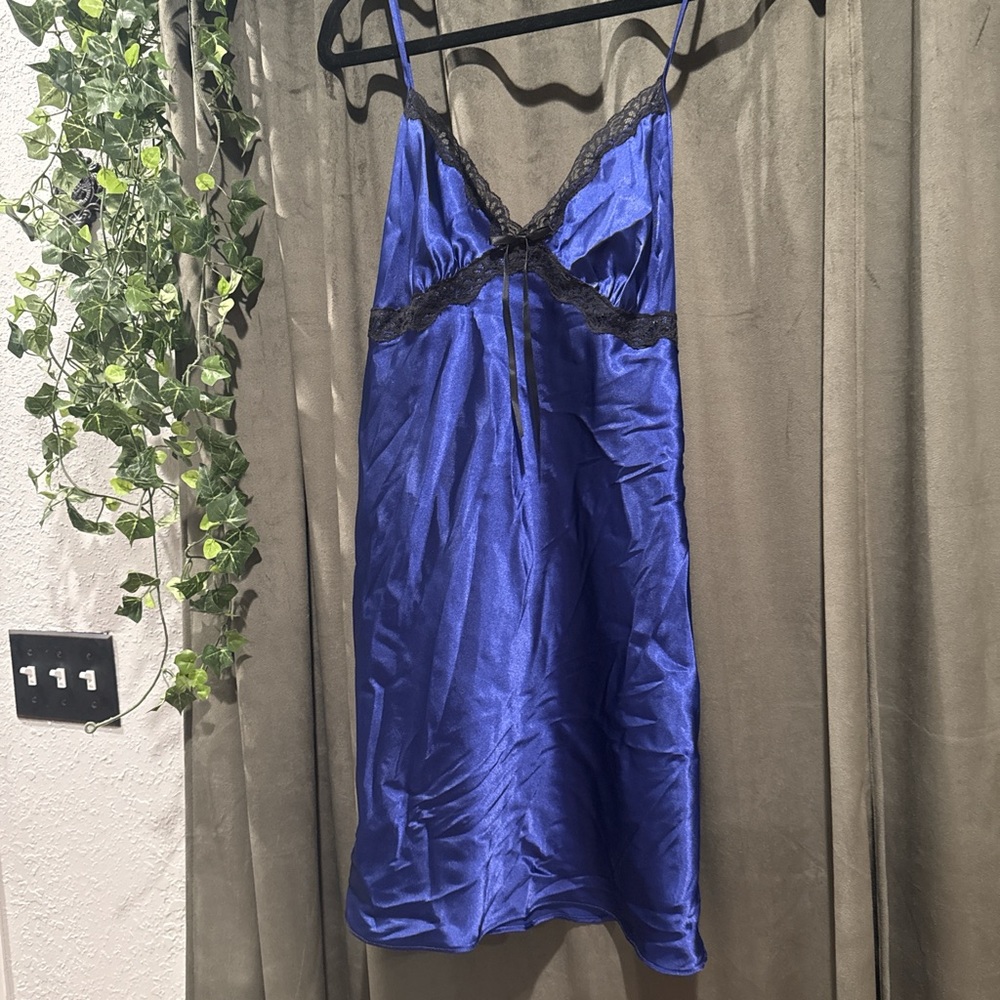 Blue & Black Lace-Trim Slip Dress - Womens Intimates